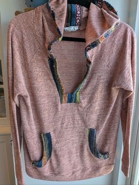 Skonhet Bohemian V-Neck Hoodie Dusty Rose Knit Sweatshirt L